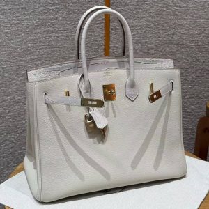 Hermes Birkin 35 Bag Handmade In Togo Calfskin Leather And Porosus Crocodile Leather Gold Hardware 10 Craie - Image 12