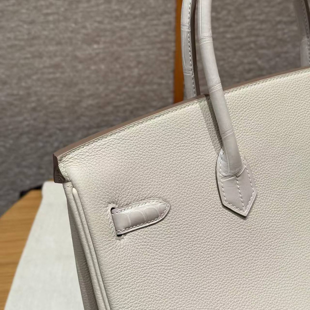 Hermes Birkin 35 Bag Handmade In Togo Calfskin Leather And Porosus Crocodile Leather Gold Hardware 10 Craie - Image 9