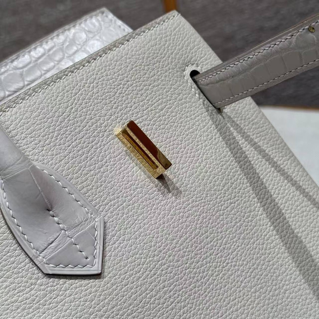 Hermes Birkin 35 Bag Handmade In Togo Calfskin Leather And Porosus Crocodile Leather Gold Hardware 10 Craie - Image 7