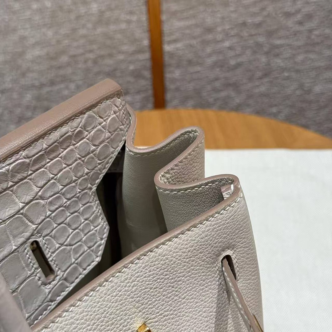 Hermes Birkin 35 Bag Handmade In Togo Calfskin Leather And Porosus Crocodile Leather Gold Hardware 10 Craie - Image 6