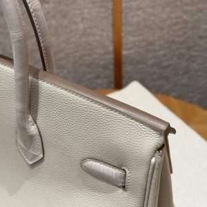 Hermes Birkin 35 Bag Handmade In Togo Calfskin Leather And Porosus Crocodile Leather Gold Hardware 10 Craie - Image 5