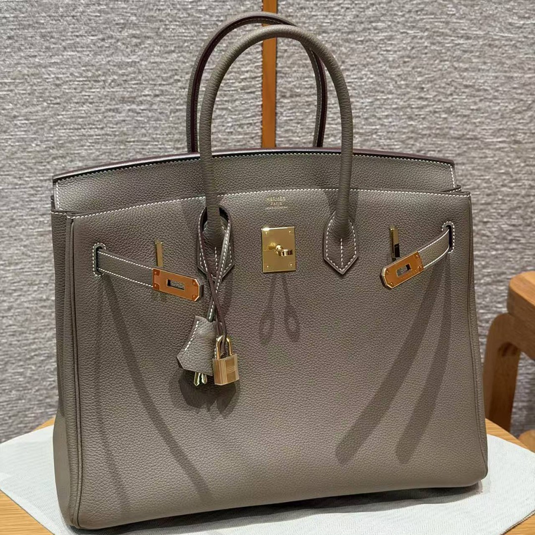 Hermes Birkin 35 Bag Handmade In Togo Calfskin Leather Gold Hardware 18 Etoupe