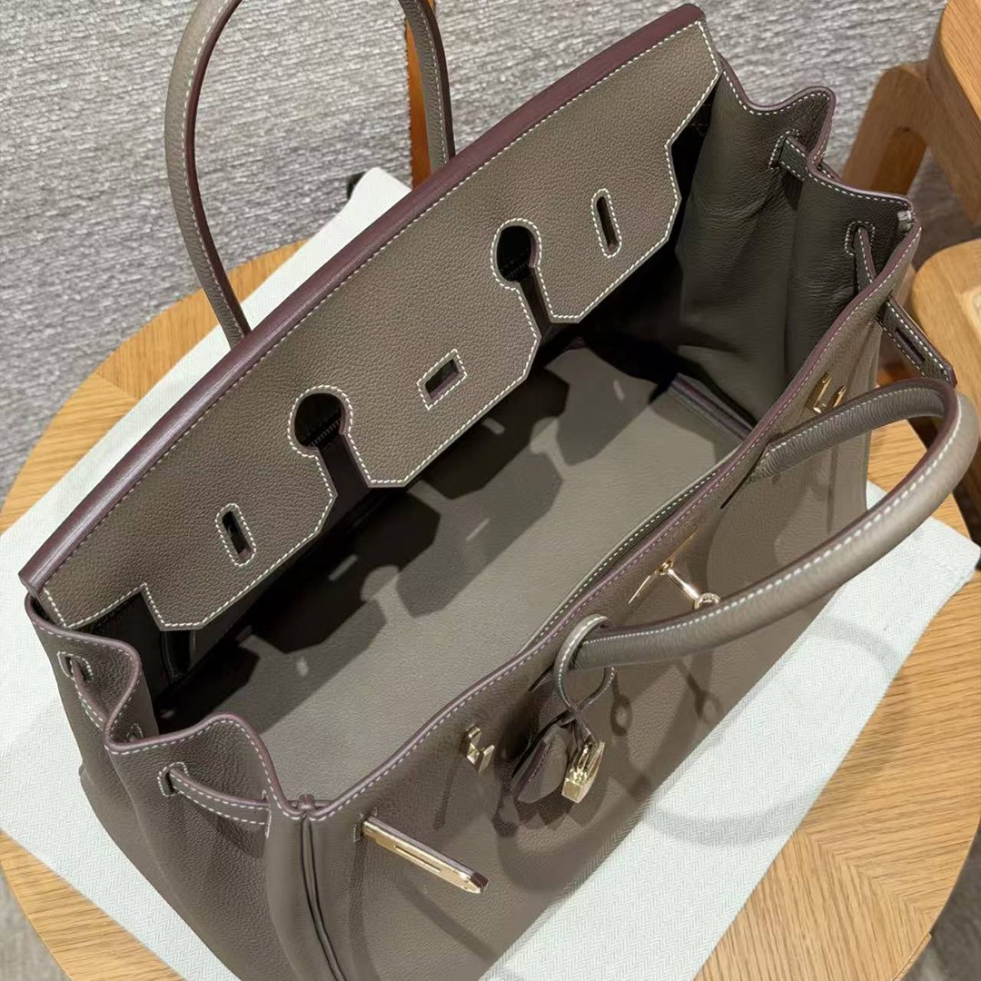 Hermes Birkin 35 Bag Handmade In Togo Calfskin Leather Gold Hardware 18 Etoupe - Image 16