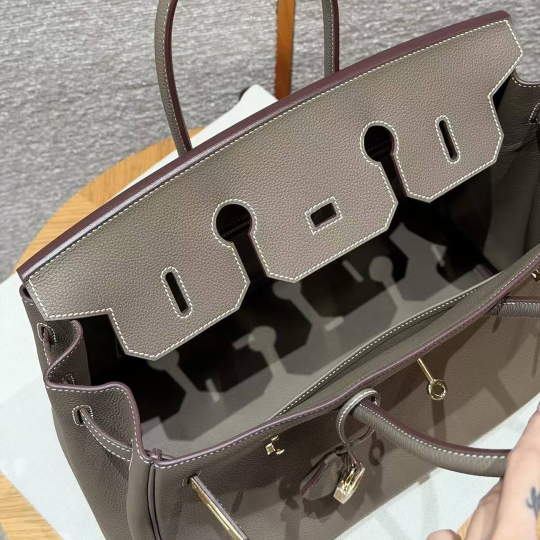 Hermes Birkin 35 Bag Handmade In Togo Calfskin Leather Gold Hardware 18 Etoupe - Image 11