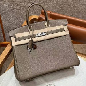 Hermes Birkin 35 Bag Handmade In Togo Calfskin Leather Silver Hardware 18 Etoupe