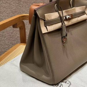 Hermes Birkin 35 Bag Handmade In Togo Calfskin Leather Silver Hardware 18 Etoupe - Image 16