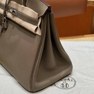 Hermes Birkin 35 Bag Handmade In Togo Calfskin Leather Silver Hardware 18 Etoupe - Image 15