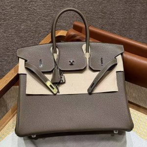 Hermes Birkin 35 Bag Handmade In Togo Calfskin Leather Silver Hardware 18 Etoupe - Image 13