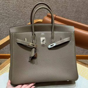 Hermes Birkin 35 Bag Handmade In Togo Calfskin Leather Silver Hardware 18 Etoupe - Image 12
