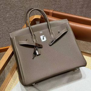 Hermes Birkin 35 Bag Handmade In Togo Calfskin Leather Silver Hardware 18 Etoupe - Image 11