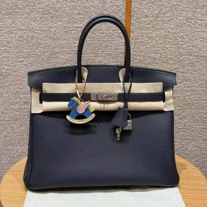 Hermes Birkin 35 Bag Handmade In Togo Calfskin Leather Silver Hardware 2z Blue Nuit