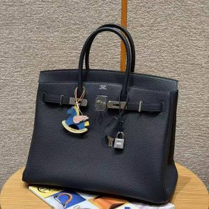 Hermes Birkin 35 Bag Handmade In Togo Calfskin Leather Silver Hardware 2z Blue Nuit - Image 5
