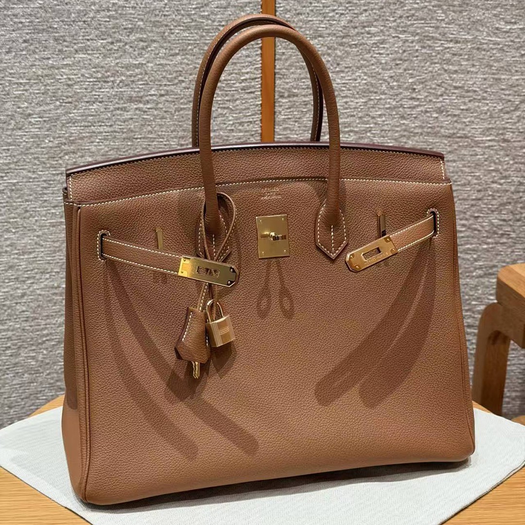 Hermes Birkin 35 Bag Handmade In Togo Calfskin Leather Gold Hardware 37 Gold