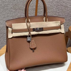 Hermes Birkin 35 Bag Handmade In Togo Calfskin Leather Silver Hardware 37 Gold