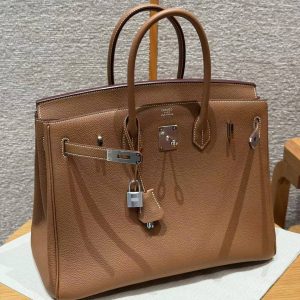 Hermes Birkin 35 Bag Handmade In Togo Calfskin Leather Silver Hardware 37 Gold - Image 12