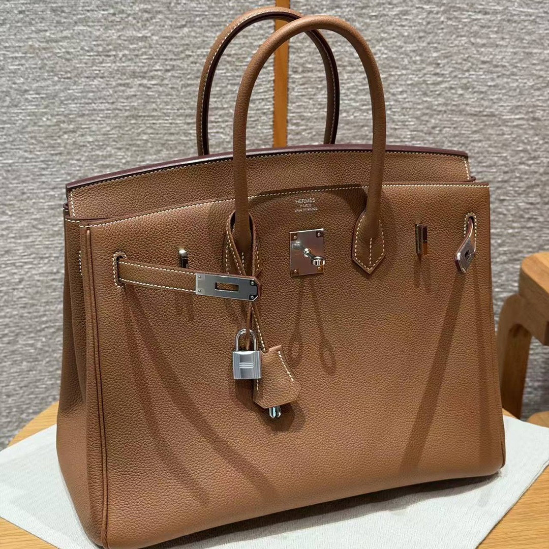 Hermes Birkin 35 Bag Handmade In Togo Calfskin Leather Silver Hardware 37 Gold - Image 12