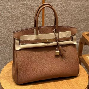 Hermes Birkin 35 Bag Handmade In Togo Calfskin Leather Gold Hardware 37 Gold and 93 Orange