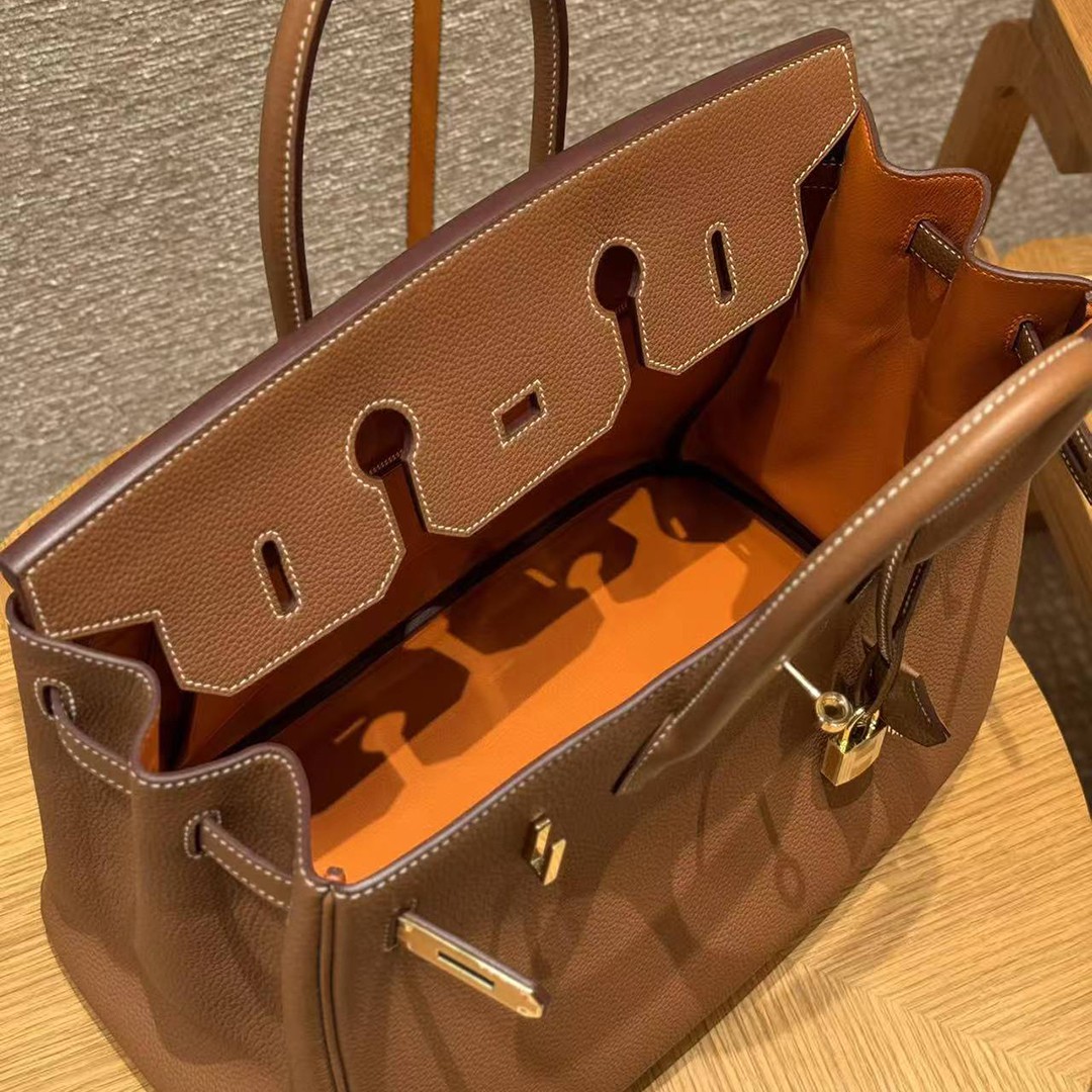 Hermes Birkin 35 Bag Handmade In Togo Calfskin Leather Gold Hardware 37 Gold and 93 Orange - Image 9