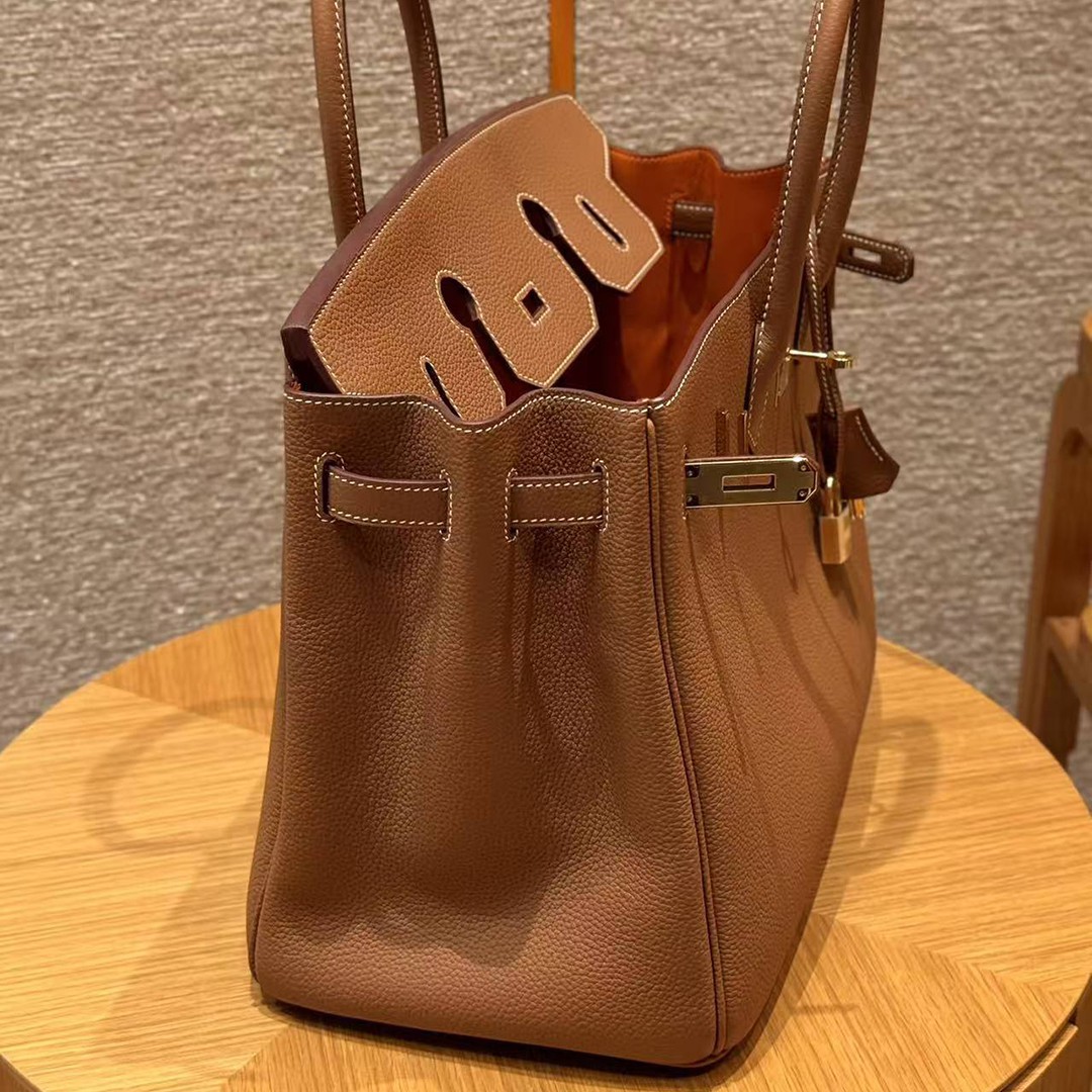 Hermes Birkin 35 Bag Handmade In Togo Calfskin Leather Gold Hardware 37 Gold and 93 Orange - Image 6