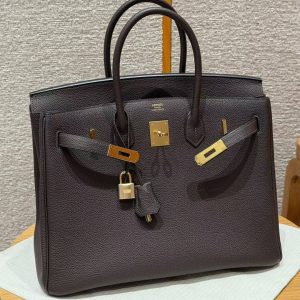Hermes Birkin 35 Bag Handmade In Togo Calfskin Leather Gold Hardware 47 Chocolate
