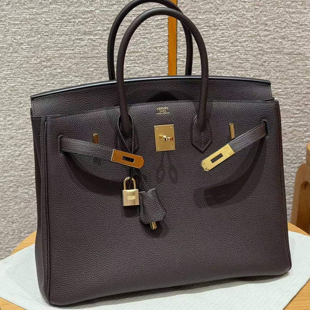 Hermes Birkin 35 Bag Handmade In Togo Calfskin Leather Gold Hardware 47 Chocolate