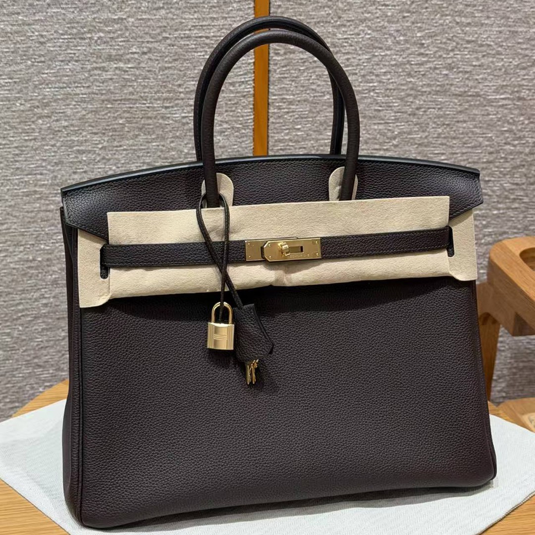 Hermes Birkin 35 Bag Handmade In Togo Calfskin Leather Gold Hardware 47 Chocolate - Image 12