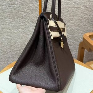 Hermes Birkin 35 Bag Handmade In Togo Calfskin Leather Gold Hardware 47 Chocolate - Image 10