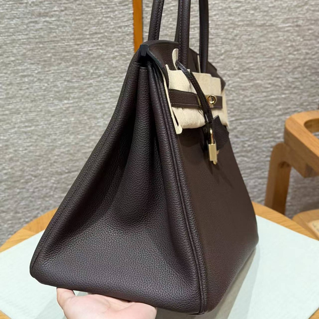 Hermes Birkin 35 Bag Handmade In Togo Calfskin Leather Gold Hardware 47 Chocolate - Image 10