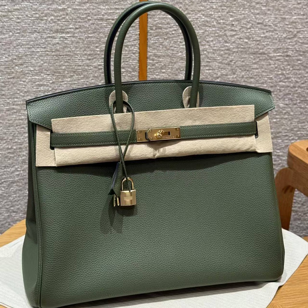Hermes Birkin 35 Bag Handmade In Togo Calfskin Leather Gold Hardware 61 Olive Green