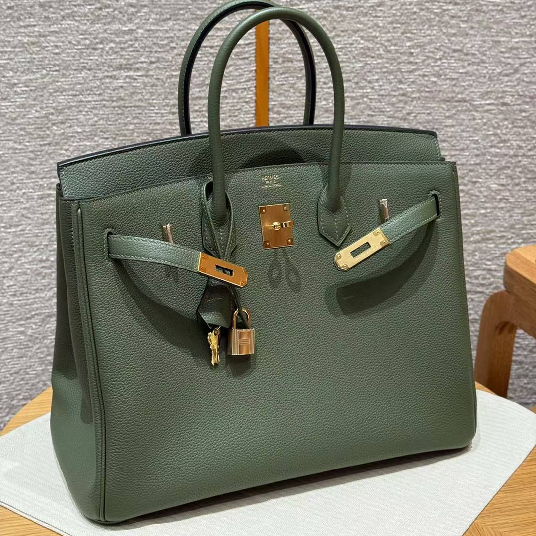 Hermes Birkin 35 Bag Handmade In Togo Calfskin Leather Gold Hardware 61 Olive Green - Image 12