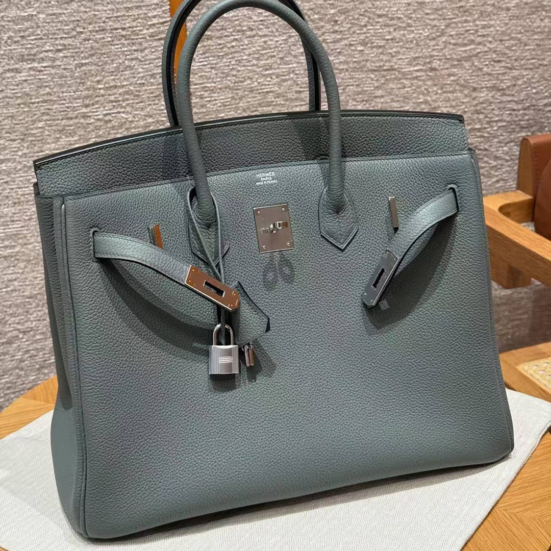 Hermes Birkin 35 Bag Handmade In Togo Calfskin Leather Silver Hardware 63 Amande - Image 14