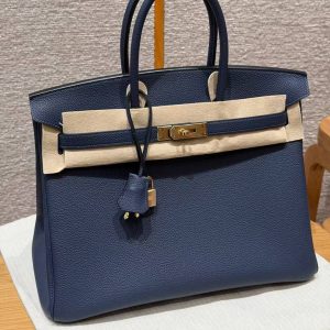 Hermes Birkin 35 Bag Handmade In Togo Calfskin Leather Gold Hardware 73 Blue Saphir