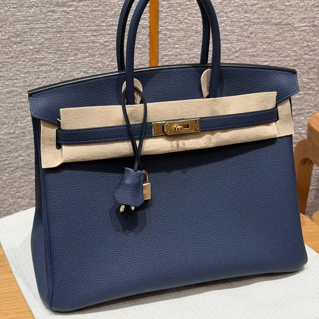 Hermes Birkin 35 Bag Handmade In Togo Calfskin Leather Gold Hardware 73 Blue Saphir