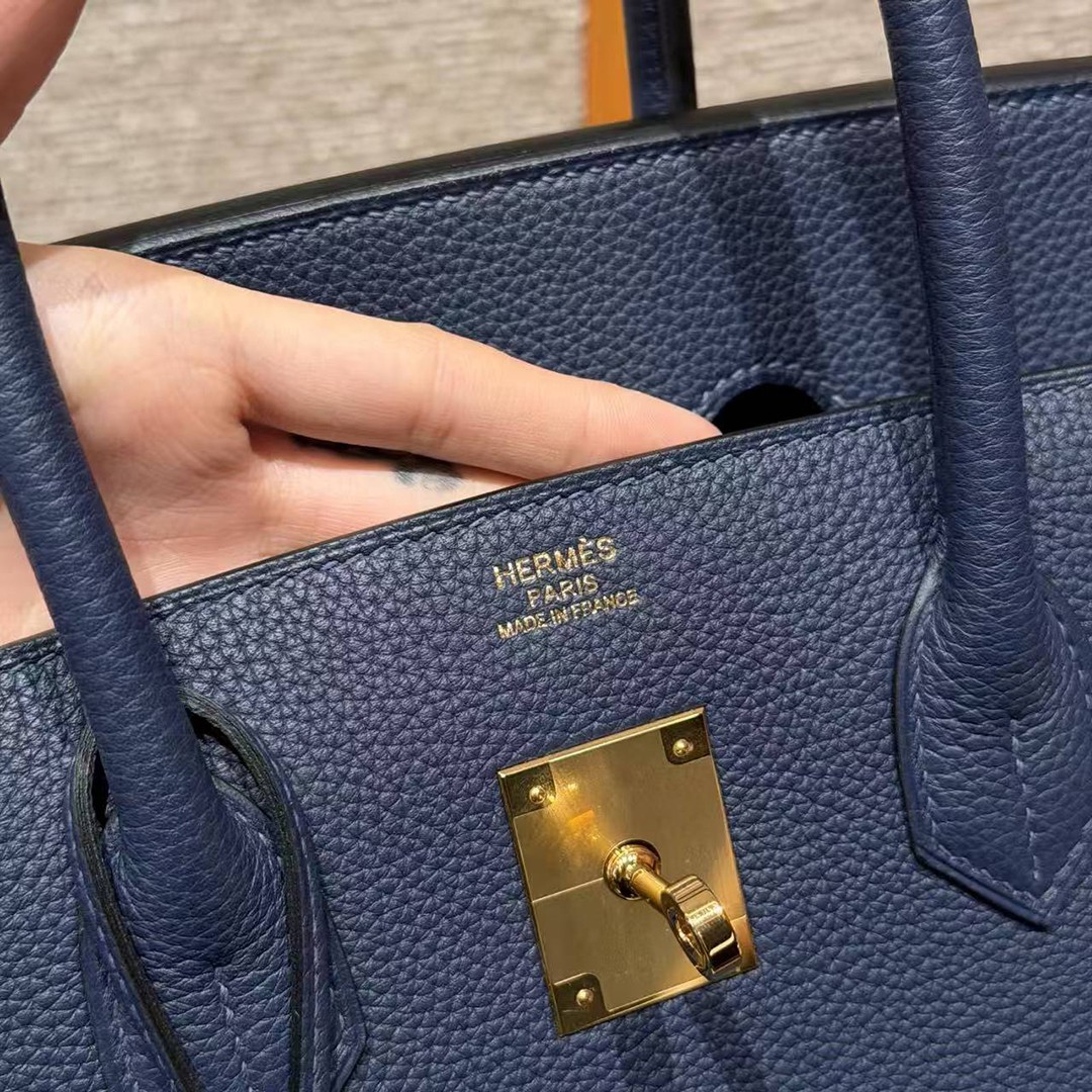 Hermes Birkin 35 Bag Handmade In Togo Calfskin Leather Gold Hardware 73 Blue Saphir - Image 12