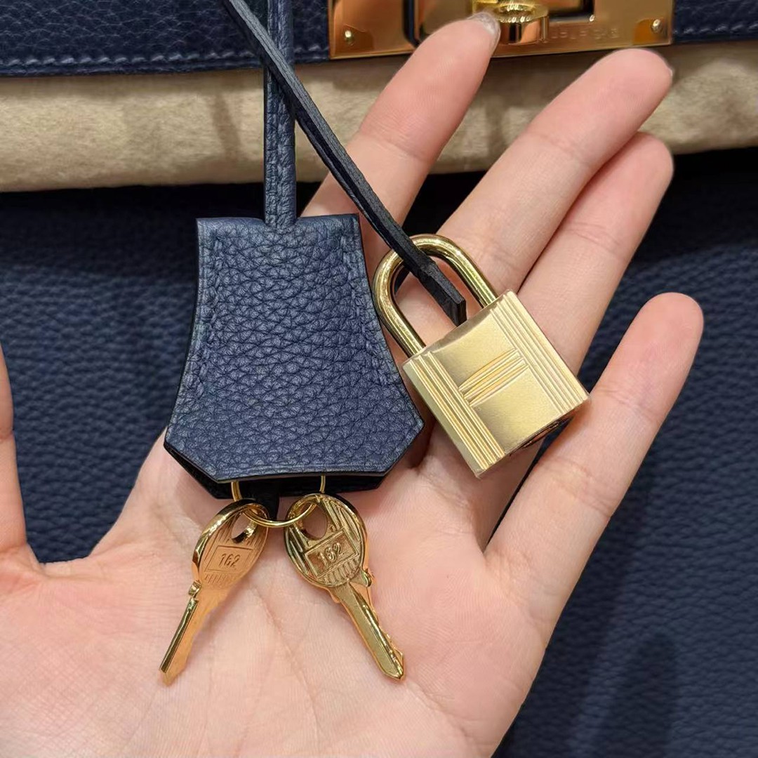 Hermes Birkin 35 Bag Handmade In Togo Calfskin Leather Gold Hardware 73 Blue Saphir - Image 3