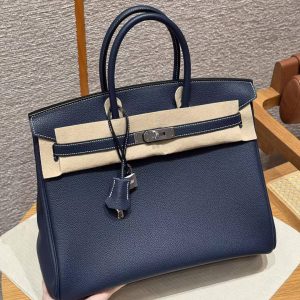 Hermes Birkin 35 Bag Handmade In Togo Calfskin Leather Silver Hardware 73 Blue Saphir