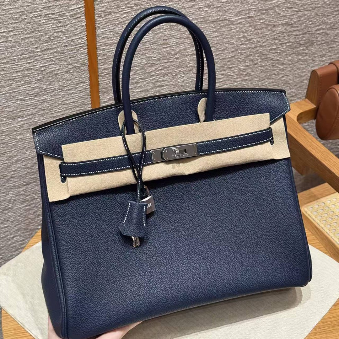 Hermes Birkin 35 Bag Handmade In Togo Calfskin Leather Silver Hardware 73 Blue Saphir