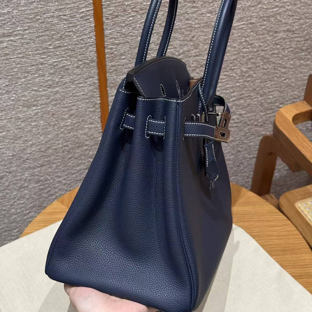 Hermes Birkin 35 Bag Handmade In Togo Calfskin Leather Silver Hardware 73 Blue Saphir - Image 4