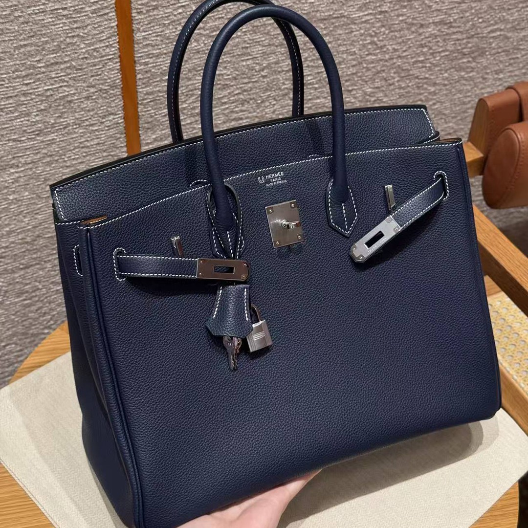 Hermes Birkin 35 Bag Handmade In Togo Calfskin Leather Silver Hardware 73 Blue Saphir - Image 3