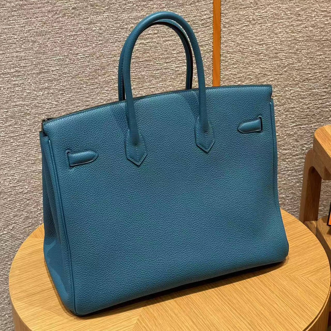 Hermes Birkin 35 Bag Handmade In Togo Calfskin Leather Silver Hardware 7c Cobalt - Image 16