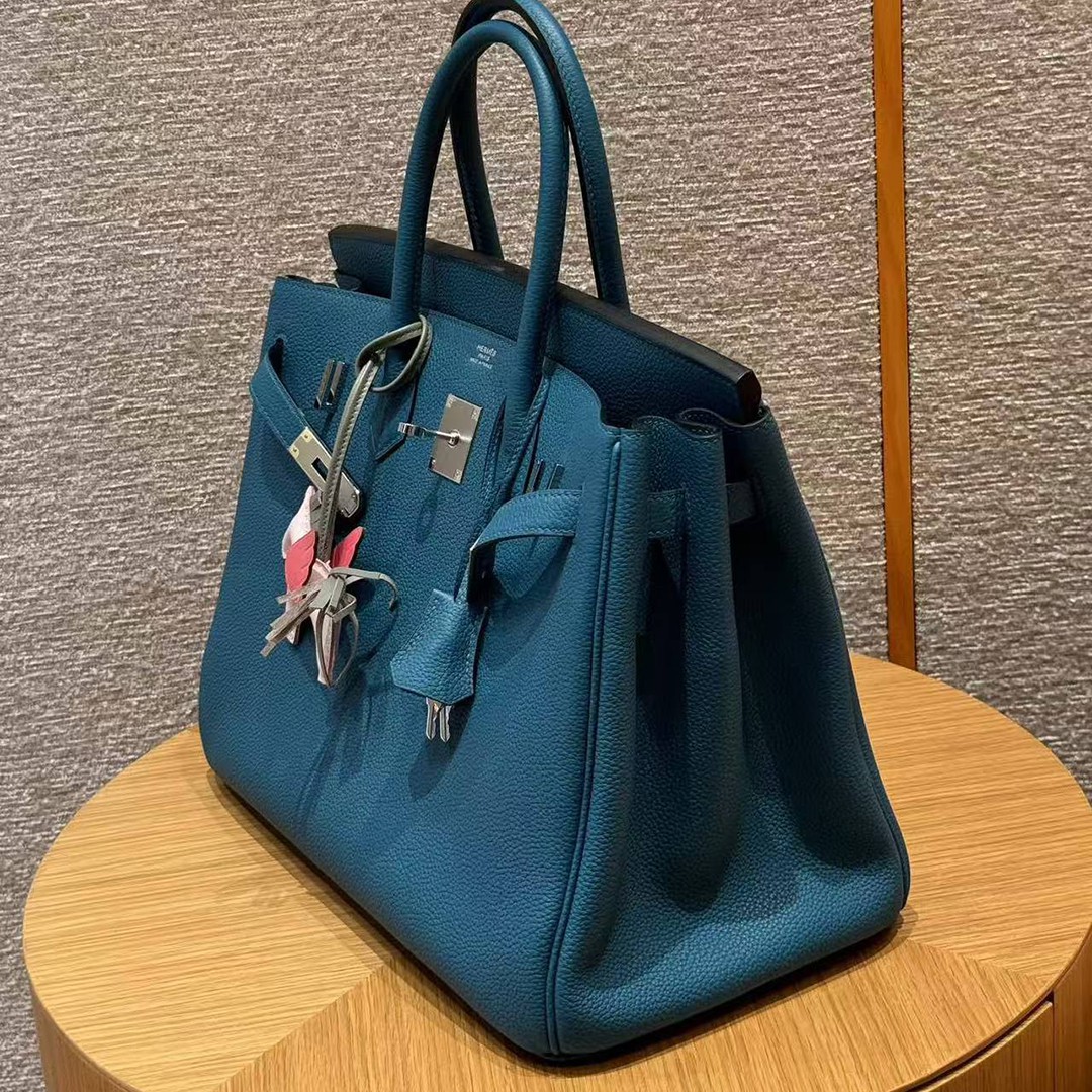 Hermes Birkin 35 Bag Handmade In Togo Calfskin Leather Silver Hardware 7c Cobalt - Image 14