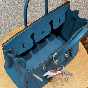 Hermes Birkin 35 Bag Handmade In Togo Calfskin Leather Silver Hardware 7c Cobalt - Image 9