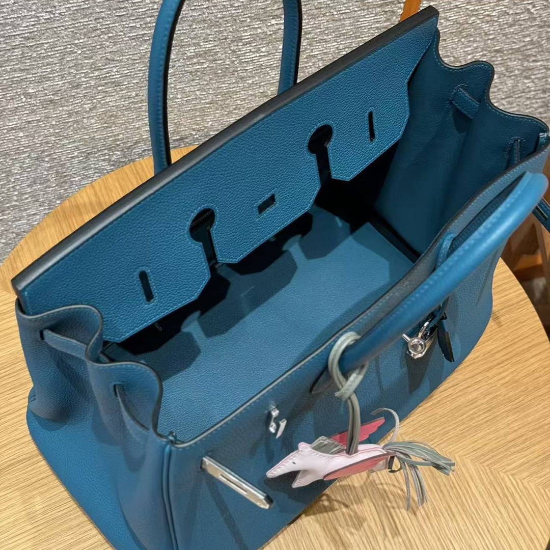 Hermes Birkin 35 Bag Handmade In Togo Calfskin Leather Silver Hardware 7c Cobalt - Image 9