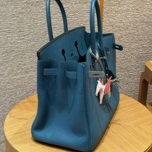 Hermes Birkin 35 Bag Handmade In Togo Calfskin Leather Silver Hardware 7c Cobalt - Image 3