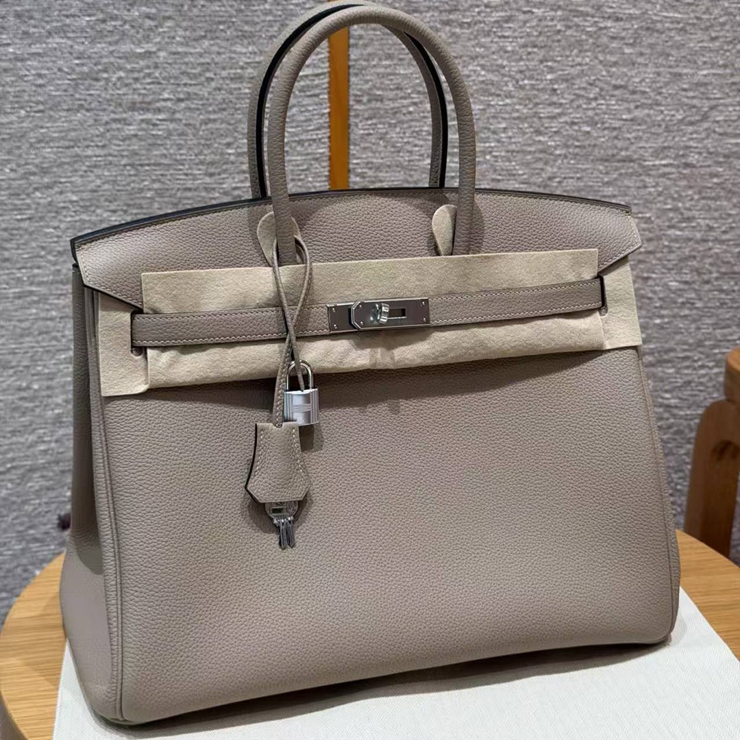 Hermes Birkin 35 Bag Handmade In Togo Calfskin Leather Silver Hardware 81 Gris Tourterlle