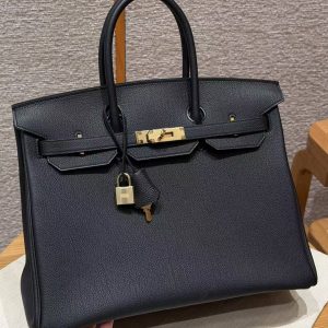 Hermes Birkin 35 Bag Handmade In Togo Calfskin Leather Gold Hardware 89 Noir