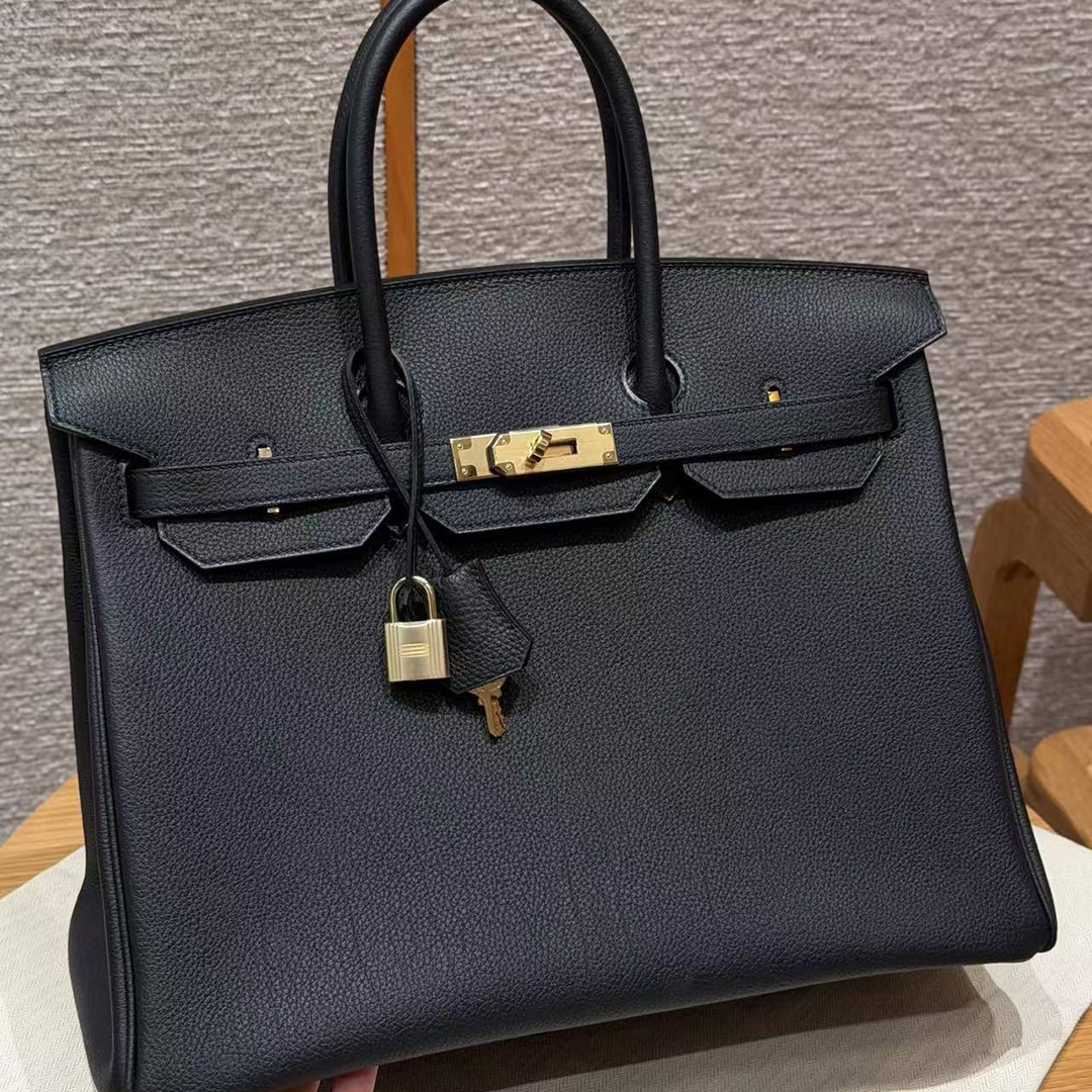 Hermes Birkin 35 Bag Handmade In Togo Calfskin Leather Gold Hardware 89 Noir