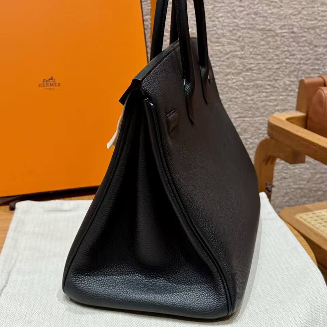 Hermes Birkin 35 Bag Handmade In Togo Calfskin Leather Silver Hardware 89 Noir - Image 14