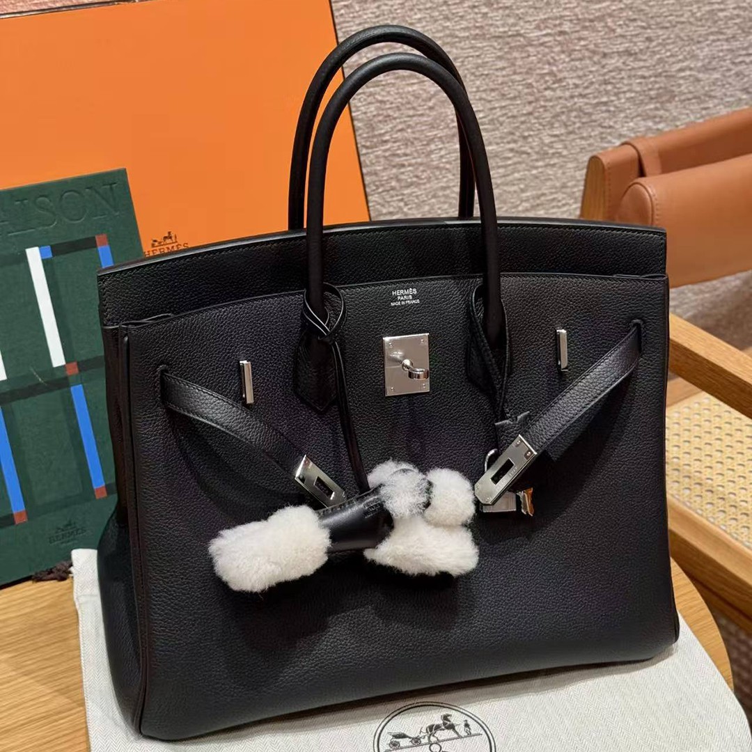 Hermes Birkin 35 Bag Handmade In Togo Calfskin Leather Silver Hardware 89 Noir - Image 10