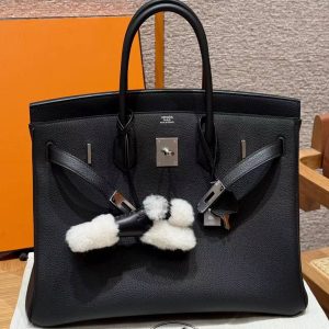 Hermes Birkin 35 Bag Handmade In Togo Calfskin Leather Silver Hardware 89 Noir - Image 3